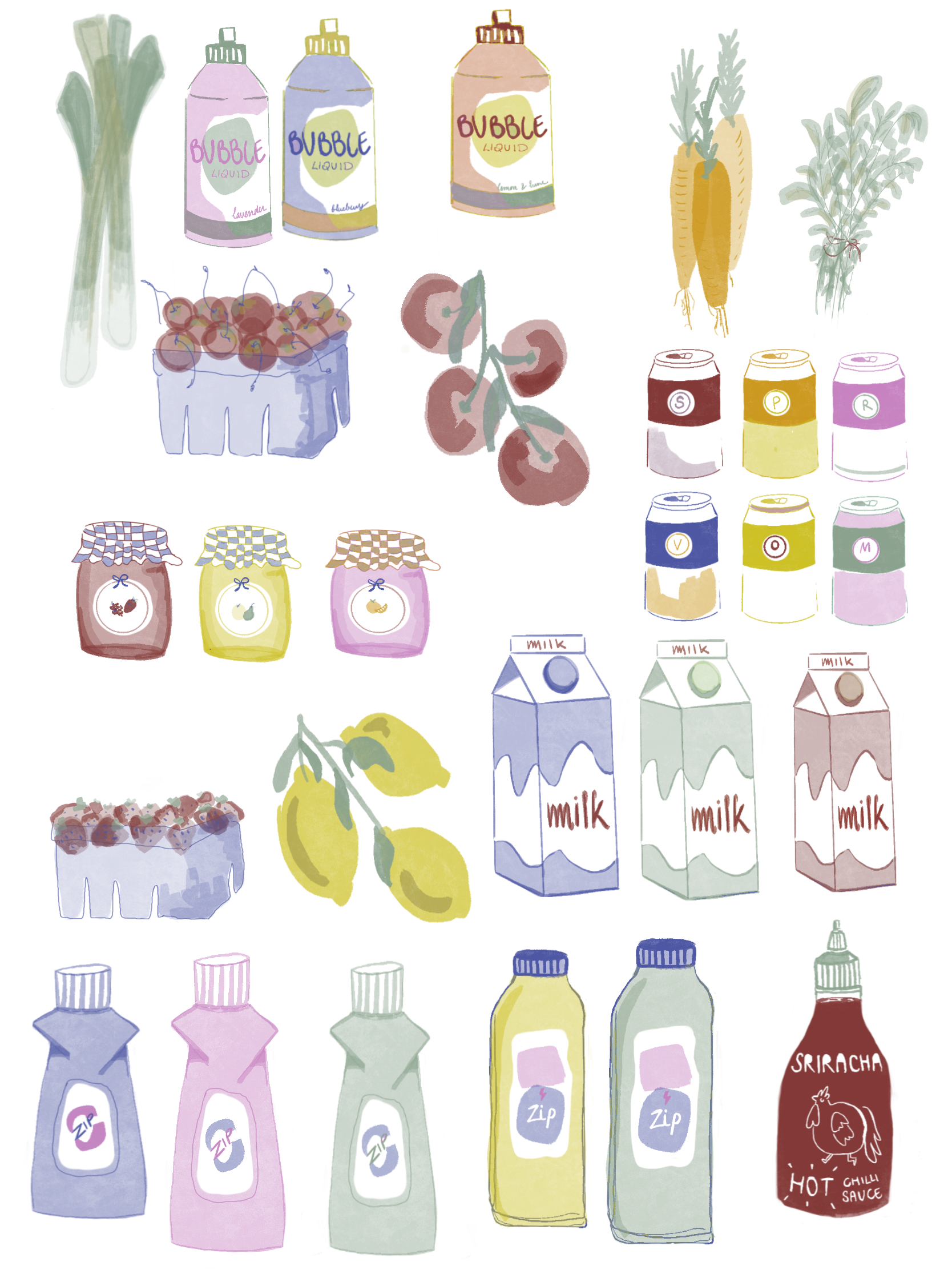 Convenience store products and items digital drawing