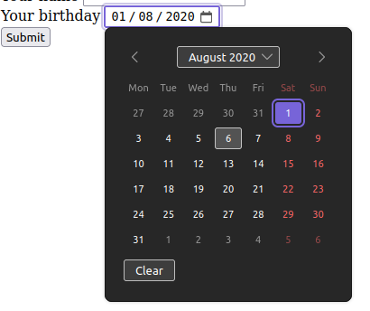 Firefox uses a dropdown with a calendar view for date
inputs