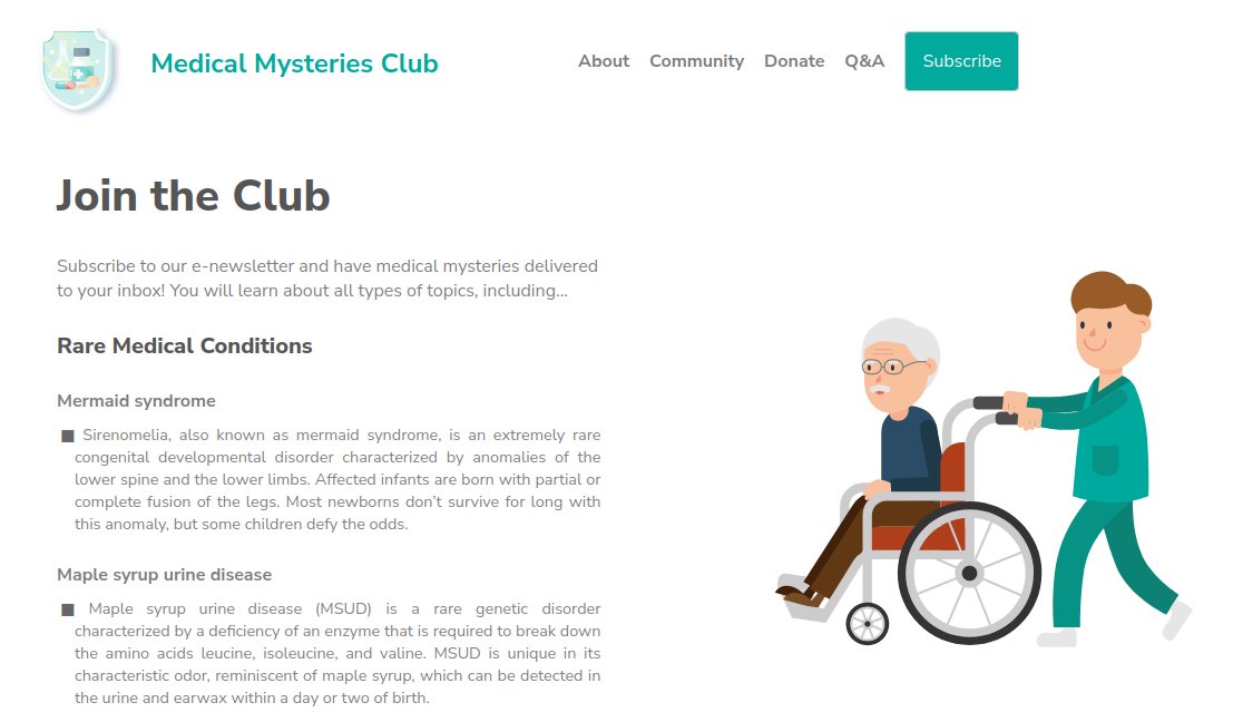 The original landing page for the Medical Mysteries
Club