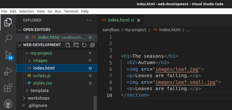 File pane in VS Code and HTML document showing paths of image files