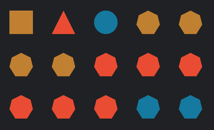 Geometric shapes in several colors in a grid