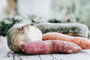 A large turnip, two carrots and a squash on a wooden board